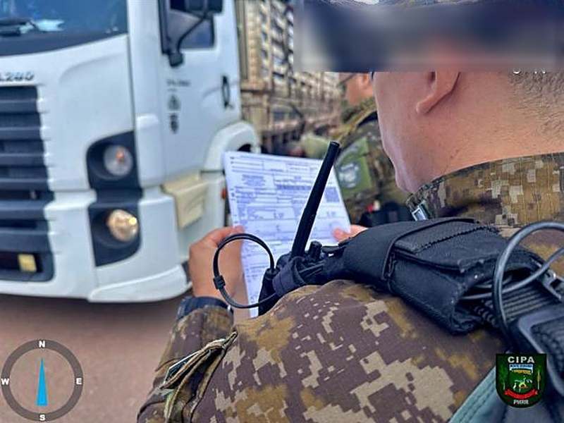 Policial conferindo o DOF do transportador